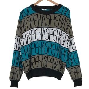 VTG‎ 80s ASPEN Spellout Graphic Knit Sweater Unisex Sz M Teal Gray White Black
